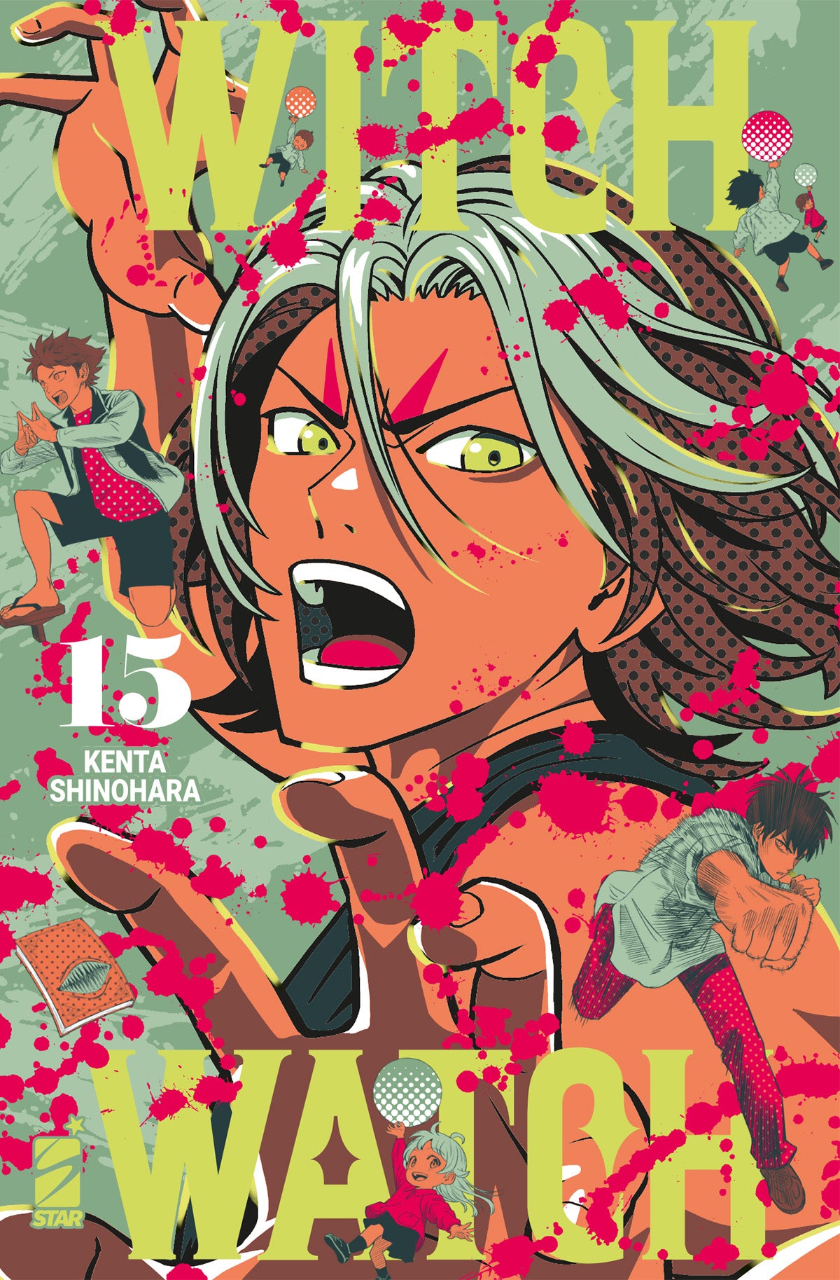 Copertina del quindicesimo volume in italiano del manga 'Witch Watch' di Kenta Shinohara, edito da Star Comics. L'illustrazione su uno sfondo verde e macchie di pittura o sangue rosso acceso ritrae in primo piano Ran con capelli chiarissimi con sfumature verdi e tratti rossi sulla fronte mentre grida a bocca aperta protendendo la mano in avanti, circondato da varie figurine dinamiche dei personaggi della serie in azione, con il titolo WITCH WATCH in lettere gialle in alto e in basso, il numero 15 a sinistra