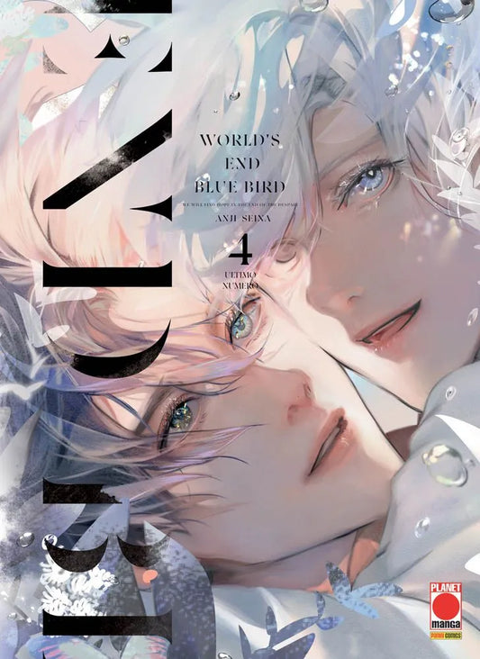 Copertina del manga World's End Blue Bird volume 4; l'illustrazione delicata dai toni pastello mostra i volti ravvicinati dei due protagonisti, Ray e Guang, distesi l'uno verso l'altro con espressioni malinconiche e affettuose.