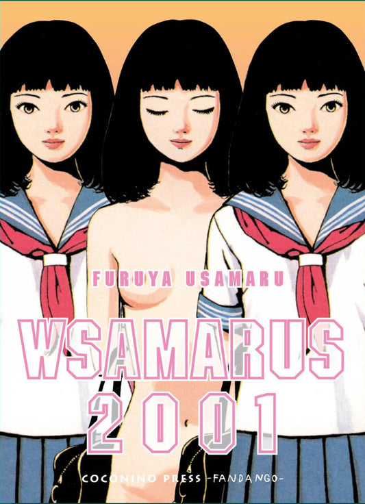 Copertina Variant del volume Wsamarus 2001 di Furuya Usamaru. L'illustrazione mostra tre figure femminili identiche con capelli neri a caschetto. Le due figure ai lati indossano uniformi scolastiche alla marinara (seifuku) bianche e blu con fiocco rosso, mentre la figura centrale è senza vestiti e tiene gli occhi chiusi. Sopra di loro campeggia il titolo "WSAMARUS 2001" in rosa e bianco. In alto e in basso sono presenti i loghi Coconino e la dicitura "variant fumetteria".