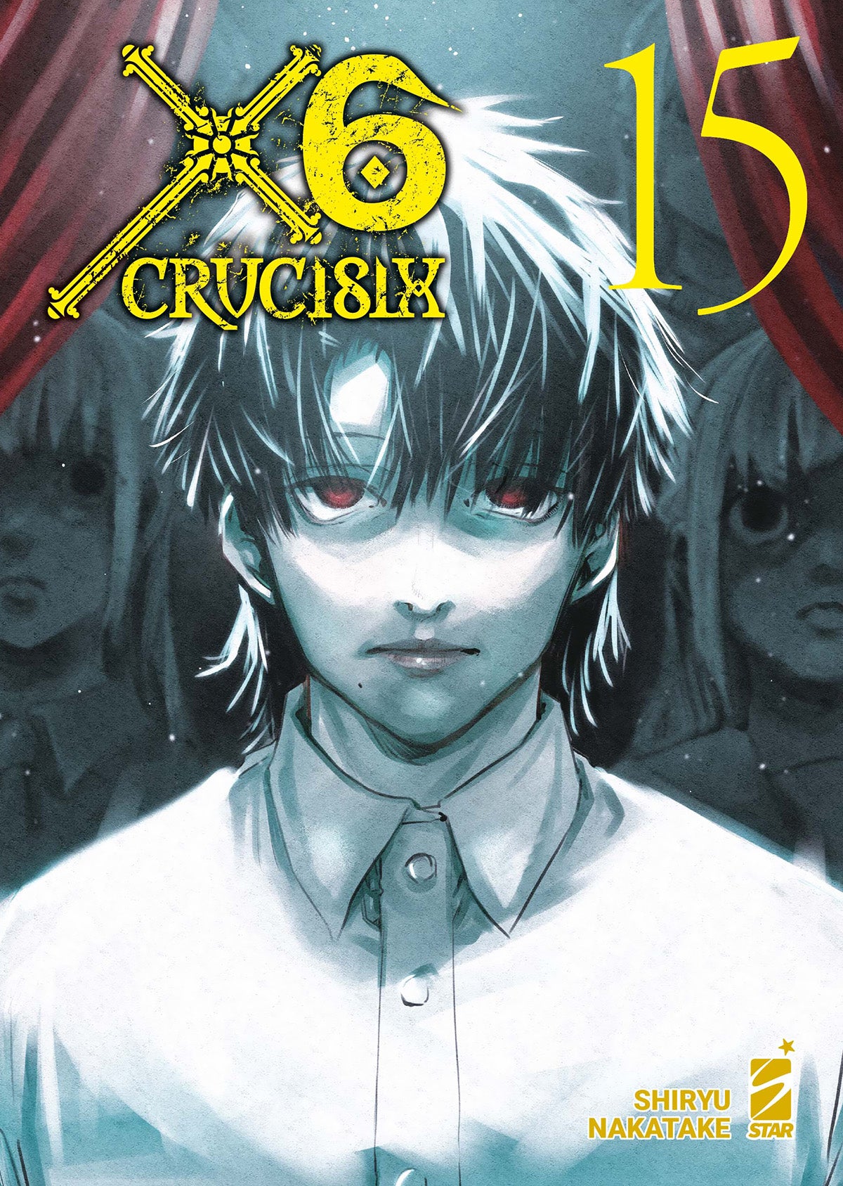 Copertina del quindicesimo volume del manga 'X6 - Crucisix' di Shiryu Nakatake, edito da Star Comics. L'illustrazione ritrae in primo piano Jun Shirakawa vestito con una camicia bianca abbottonata, cravatta, capelli scuri ed intensi occhi rossi, affiancato sullo sfondo da tendaggi rossi e volti in ombra, con il titolo 'X6 CRUCISIX' in giallo in alto a sinistra, il numero 15 in giallo in alto a destra e il logo Star Comics in basso a destra.   