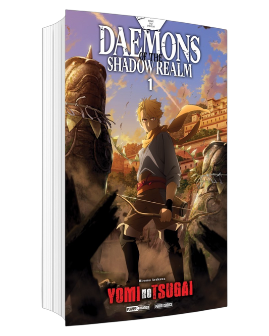 Copertina variant del manga Yomi No Tsugai volume 1. Il protagonista biondo Yuru impugna un arco, in piedi tra due colossali statue di pietra con un cielo al tramonto sullo sfondo. In alto campeggia il titolo in inglese "Daemons of the Shadow Realm".