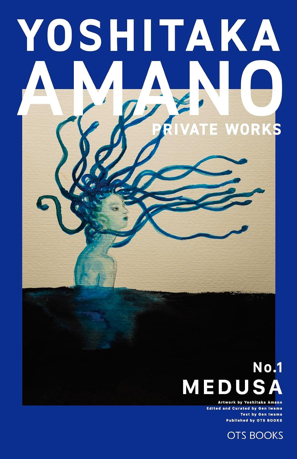 Copertina del primo volume dell'artbook 'YOSHITAKA AMANO PRIVATE WORKS No.1 MEDUSA' edito da OTS BOOKS. L'illustrazione su sfondo blu ritrae un riquadro centrale con un dipinto di Medusa dal volto delicato immersa nell'acqua con lunghi capelli azzurri fluttuanti come serpenti, sormontato dal nome 'YOSHITAKA AMANO' in grandi lettere bianche e dal titolo 'No.1 MEDUSA' in basso.