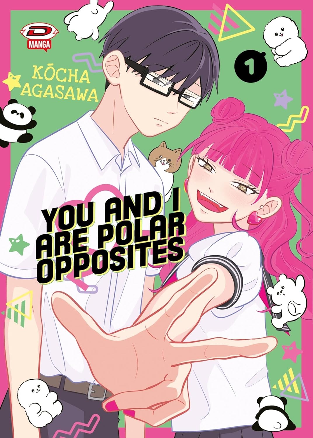 Copertina del primo volume del manga You And I Are Polar Opposites. In primo piano sono raffigurati i due protagonisti: a destra una ragazza sorridente con capelli rosa acceso legati in due sfere che protende la mano verso lo spettatore, e a sinistra un ragazzo dall'aria seria con occhiali e capelli scuri, circondati da piccoli disegni di animaletti su uno sfondo verde e rosa.