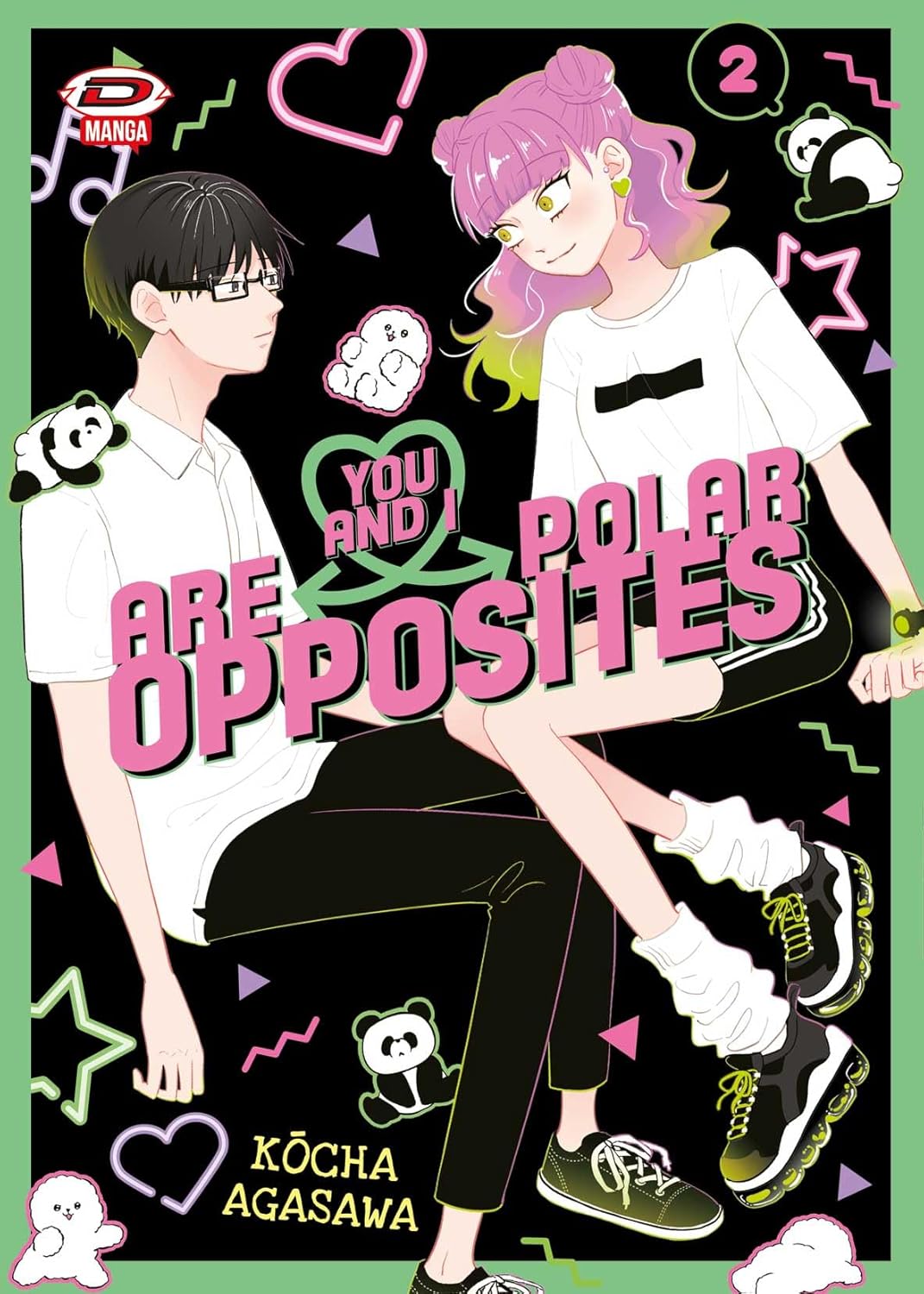 Copertina del secondo volume del manga You And I Are Polar Opposites. L'illustrazione mostra i due protagonisti, un ragazzo con gli occhiali sulla sinistra e una ragazza con capelli sfumati dal rosa al biondo sulla destra, seduti vicini su uno sfondo nero decorato con cuori, stelline e piccoli panda.