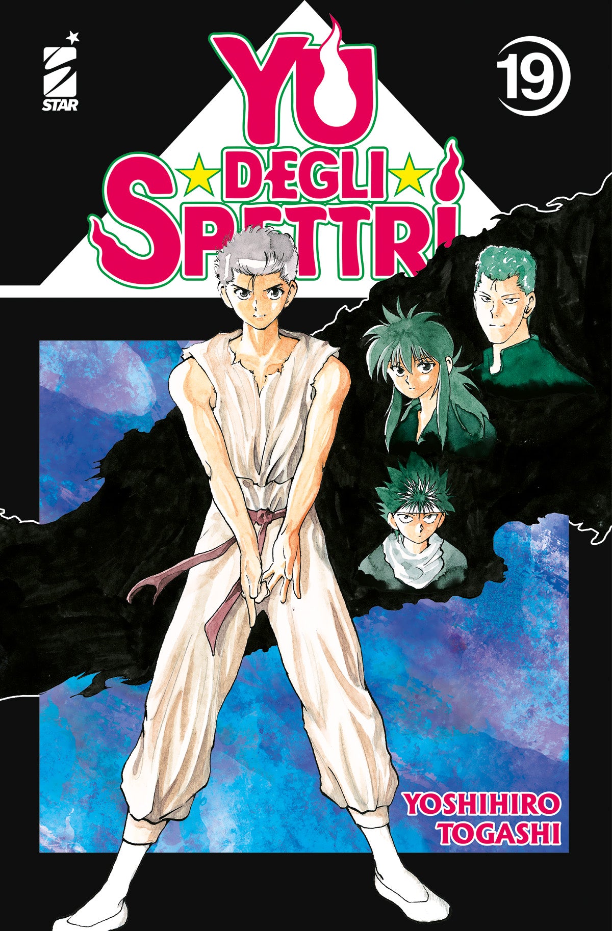 Copertina del manga Yu Degli Spettri New Edition Vol. 19; Yusuke Urameshi è in piedi al centro vestito di bianco, mentre alle sue spalle appaiono i volti di Kuwabara, Kurama e Hiei su uno sfondo nero e blu.