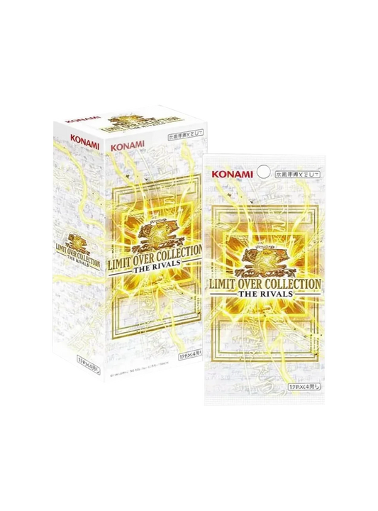 Box espositore e singola bustina protettiva dell'espansione del gioco di carte Yu-Gi-Oh! "Limit Over Collection - The Rivals" in edizione giapponese. Il packaging presenta un elegante sfondo bianco, attraversato da intensi fulmini di energia dorata e gialla. Al centro dell'energia spicca l'iconico design dorato e olografico del retro di una carta di Yu-Gi-Oh! sovrapposto al logo nero e oro dell'espansione. In alto è ben visibile il classico logo rosso della Konami.