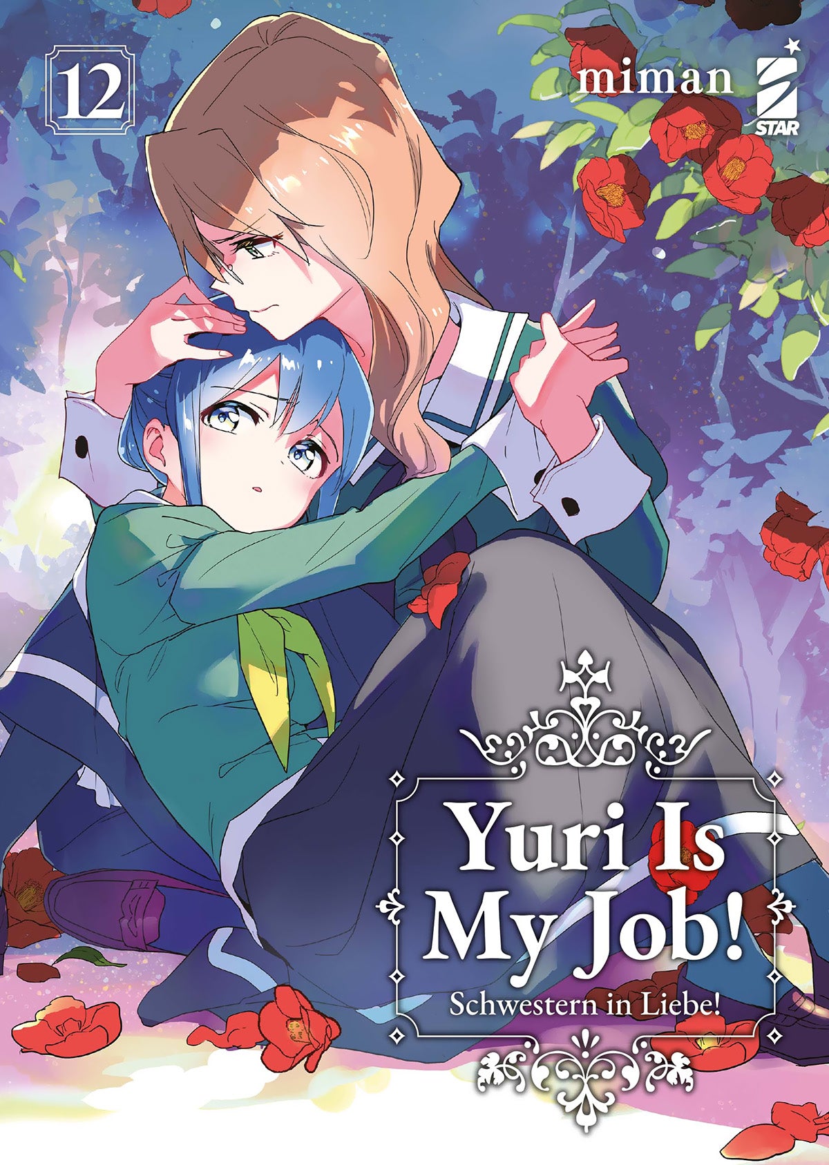 Copertina del manga Yuri Is My Job! volume 12. Una ragazza dai capelli blu abbraccia una ragazza dai capelli castano chiaro, sedute tra fiori di camelia rossi.