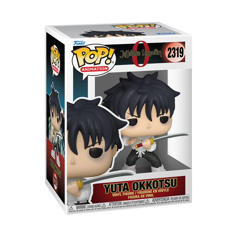 Statuina in vinile e scatola del Funko POP! numero 2319 raffigurante Yuta Okkotsu dal film anime Jujutsu Kaisen 0. Il ragazzo dai capelli neri spettinati è in posa da combattimento, indossa una camicia bianca con pantaloni neri larghi, e impugna una katana mostrando un anello d'argento sulla mano destra.