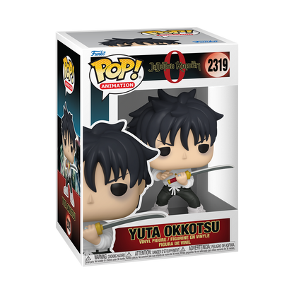 Statuina in vinile e scatola del Funko POP! numero 2319 raffigurante Yuta Okkotsu dal film anime Jujutsu Kaisen 0. Il ragazzo dai capelli neri spettinati è in posa da combattimento, indossa una camicia bianca con pantaloni neri larghi, e impugna una katana mostrando un anello d'argento sulla mano destra.