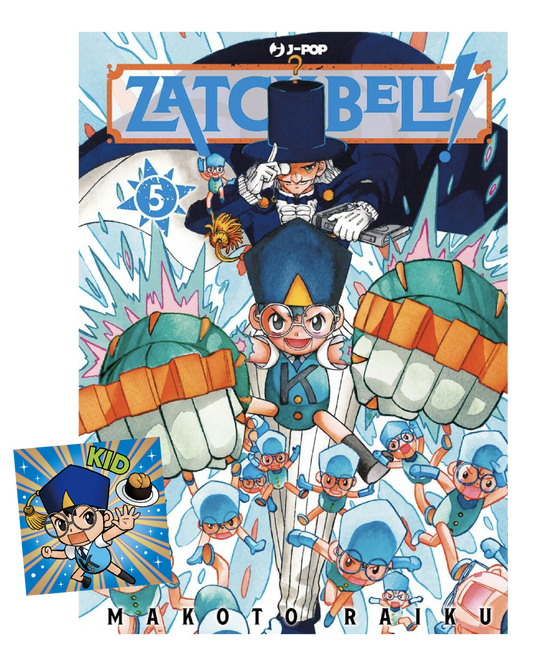 Copertina del quinto volume in italiano del manga 'Zatch Bell!' di Makoto Raiku, edito da J-POP Manga. L'illustrazione mostra in alto il Dottor Riddles con cilindro e monocolo e al centro il piccolo demone Kid con occhiali da vista e grandi pugni meccanici verdi e arancioni, circondato da sue piccole copie fluttuanti.