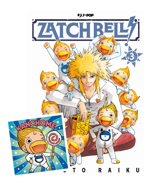 Copertina del manga "Zatch Bell!" Vol. 3 (J-POP). Il biondo Parco Folgore sorride circondato da numerose piccole versioni del demone Kanchomé, mentre tiene in mano un libro magico giallo.