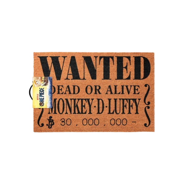 Zerbino rettangolare in fibra color marrone chiaro a tema One Piece, fotografato dall'alto su sfondo bianco. Il design riproduce un avviso di taglia pirata stampato in nero. Dall'alto verso il basso si leggono le scritte: "WANTED", "DEAD OR ALIVE", "MONKEY·D·LUFFY" e infine l'importo della taglia, "30,000,000", preceduto dal simbolo dei Berry (la moneta del mondo di One Piece). Ai lati del testo sono presenti delle parentesi graffe decorative in stile western.